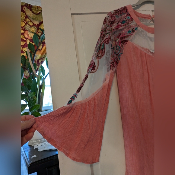 Tassels & Lace Pink Tunic Top with Netting Inset and Embroidery- L - Picture 2 of 6